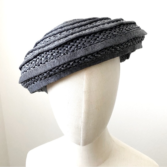 Vintage 50s Raffia Hat Navy Blue Round Swirl Beret - Picture 2 of 6